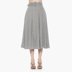 ALEXIA ADMOR Eline Herringbone Belted Midi Skirt, Grey/White, Size 10, NWT